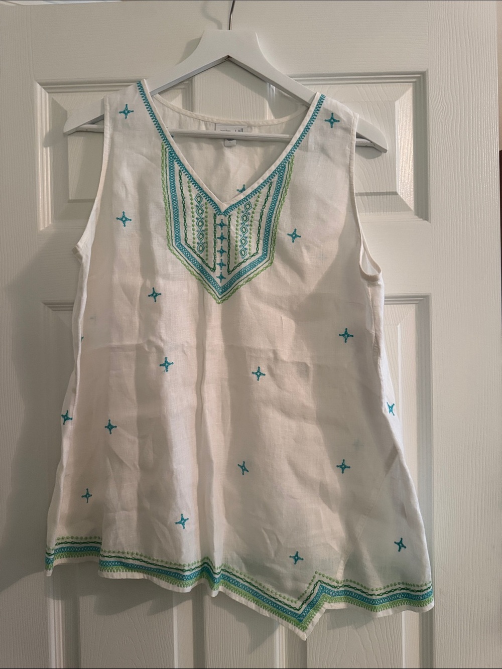 J. Jill Linen White Sleeveless Tunic with Teal and Lime Embroidery